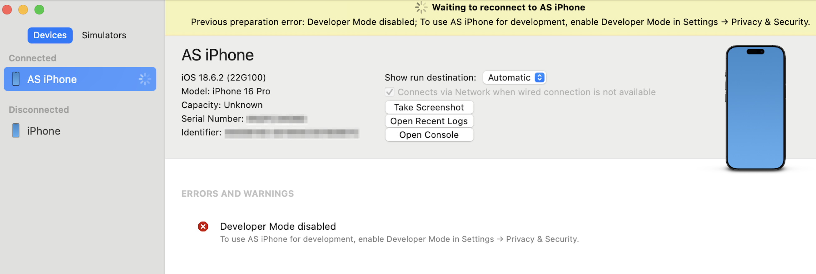 Developer Mode disabled error